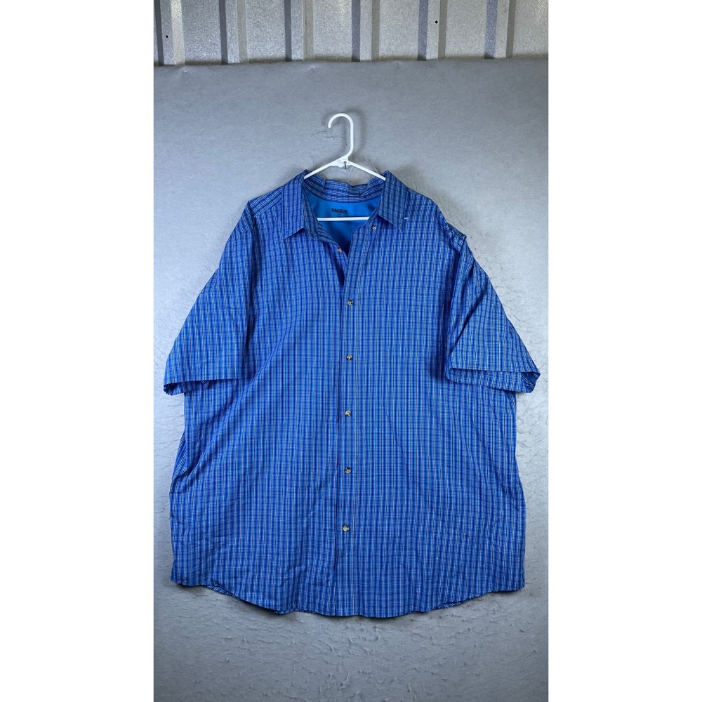 KingSize Button Down Shirt Mens 3XL Tall Blue Plaid Excellent Short Sleeve
